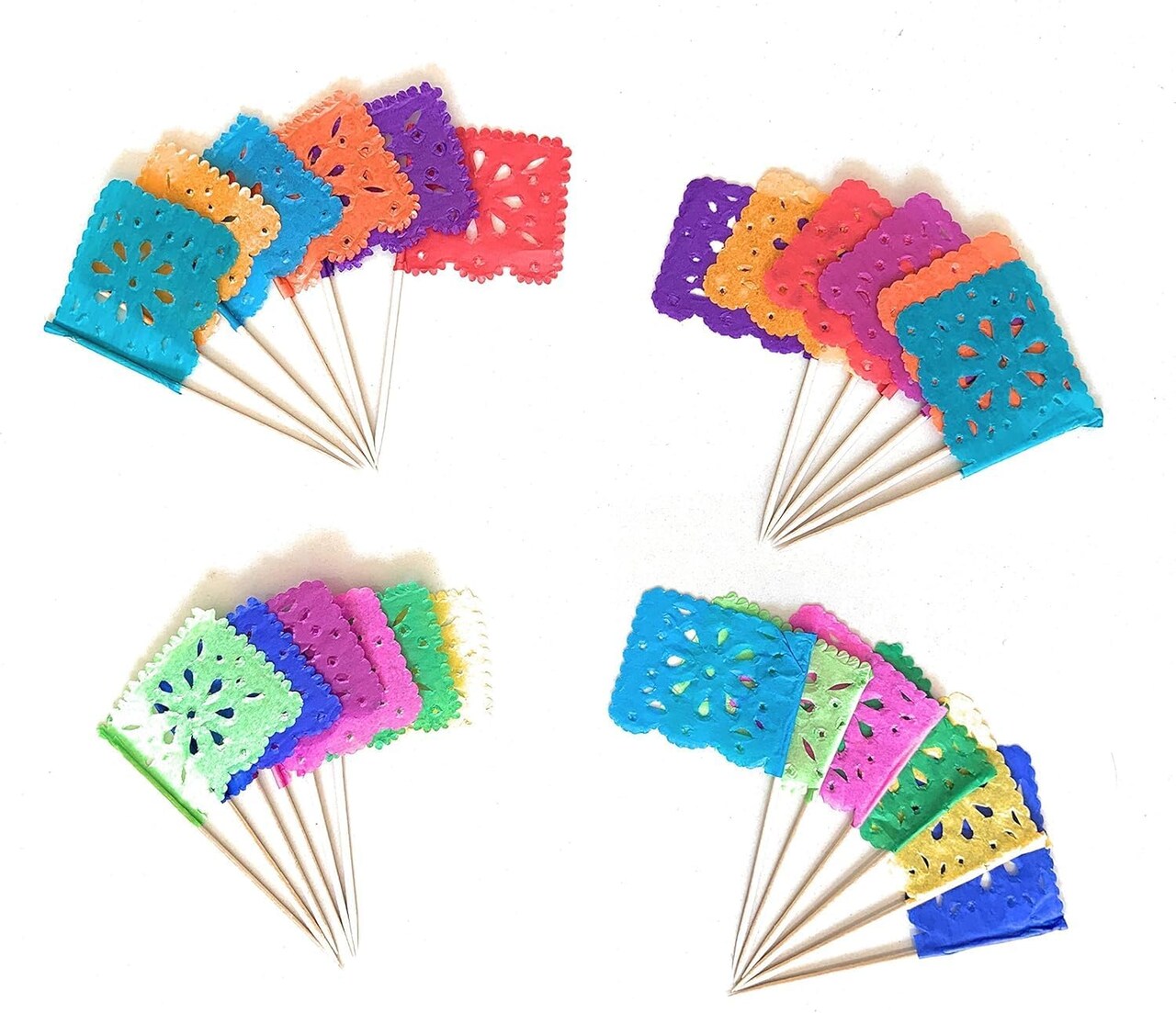 Set of 24 Pcs Multi-Colored Mini Mexican Paper Papel Picado Tissue Banner Flags Banderita s Fiesta Party Decorations Cupcake Topper Party Banderines Flower Design